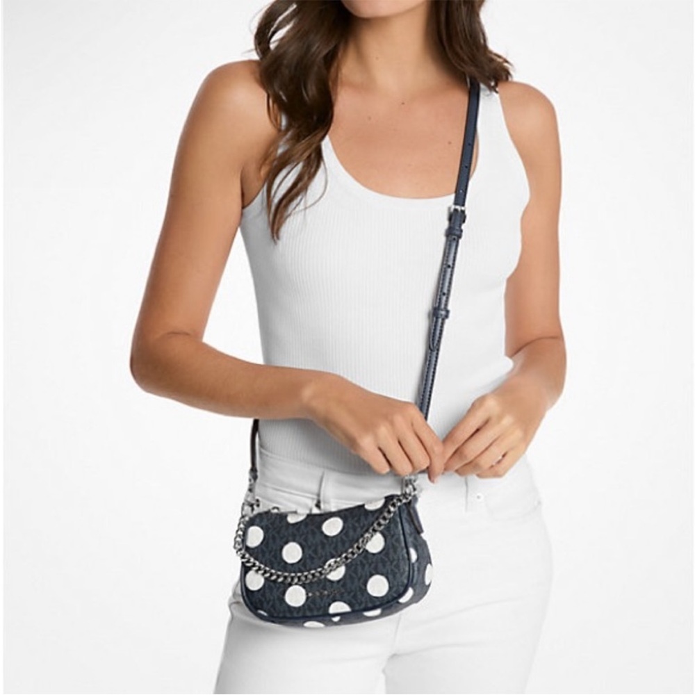 Michael Kors Navy Polka Dot 2 Way Chain Handle & 30" Strap Crossbody Bag - Picture 3 of 5